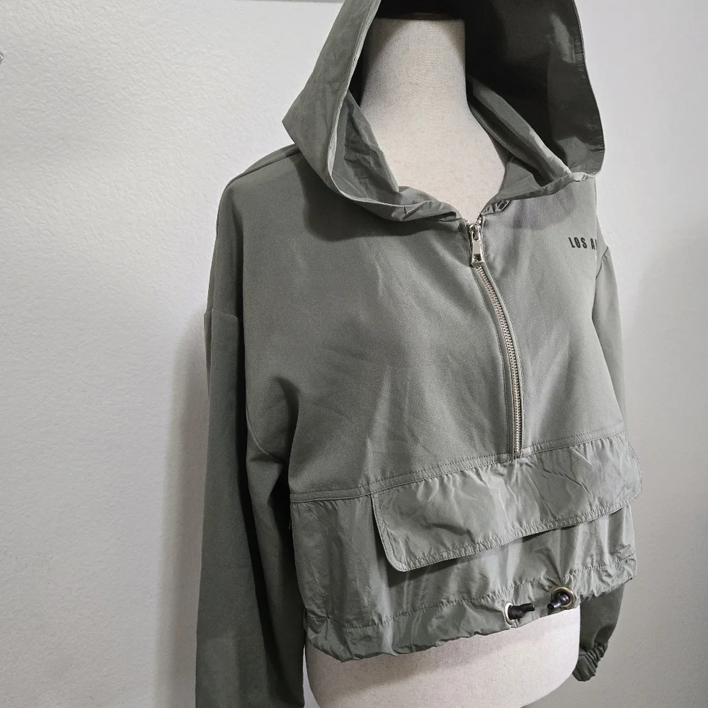 ZARA Olive Green Los Angeles Hoodie Half Zip Cropped Pullover Size Large - Picture 3 of 16